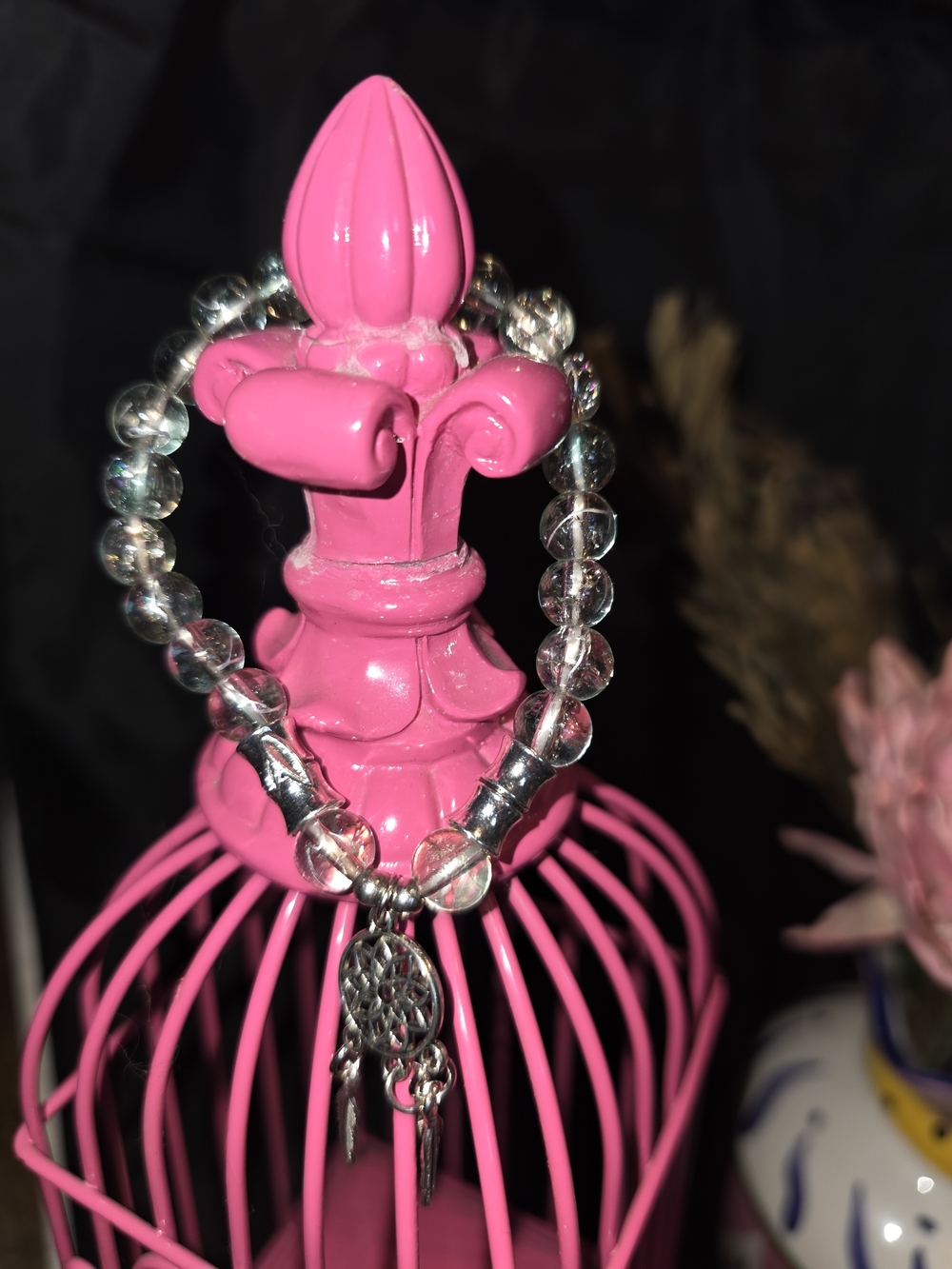 Clear Beaded Dreamcatcher Charm Bracelet - Pink Display